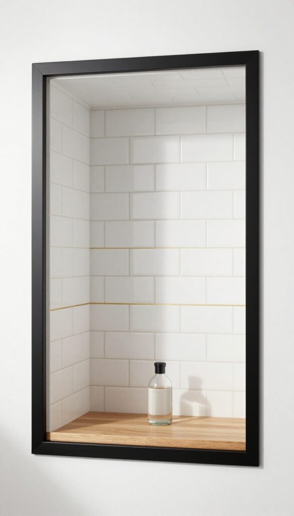 Shower niche with mixed materials: white subway tile, brass inlay, teak wood shelf, and black metal trim.