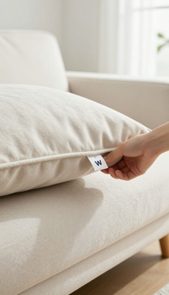 Hand lifting couch cushion to show care tag with cleaning codes