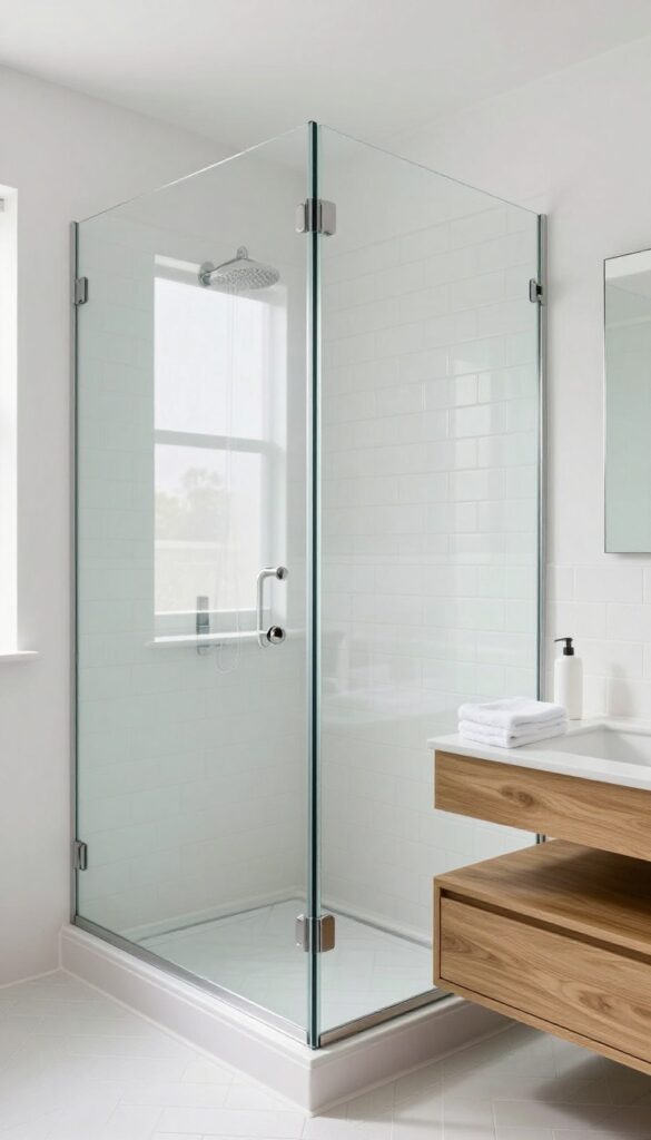 Modern bathroom with glass shower and half-wall tiled in herringbone subway tile, featuring a ledge for toiletries and clear glass above.