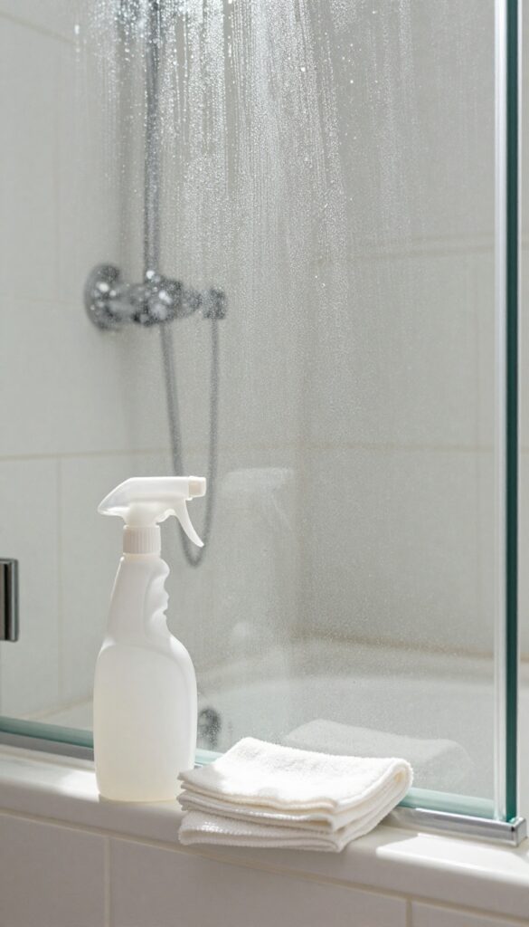 Sparkling clean glass shower door after weekly deep cleaning with vinegar spray and microfiber cloth in bright natural light.