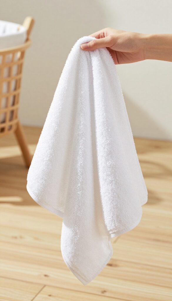 Person shaking a fluffy white towel outdoors in sunlight to fluff fibers before drying