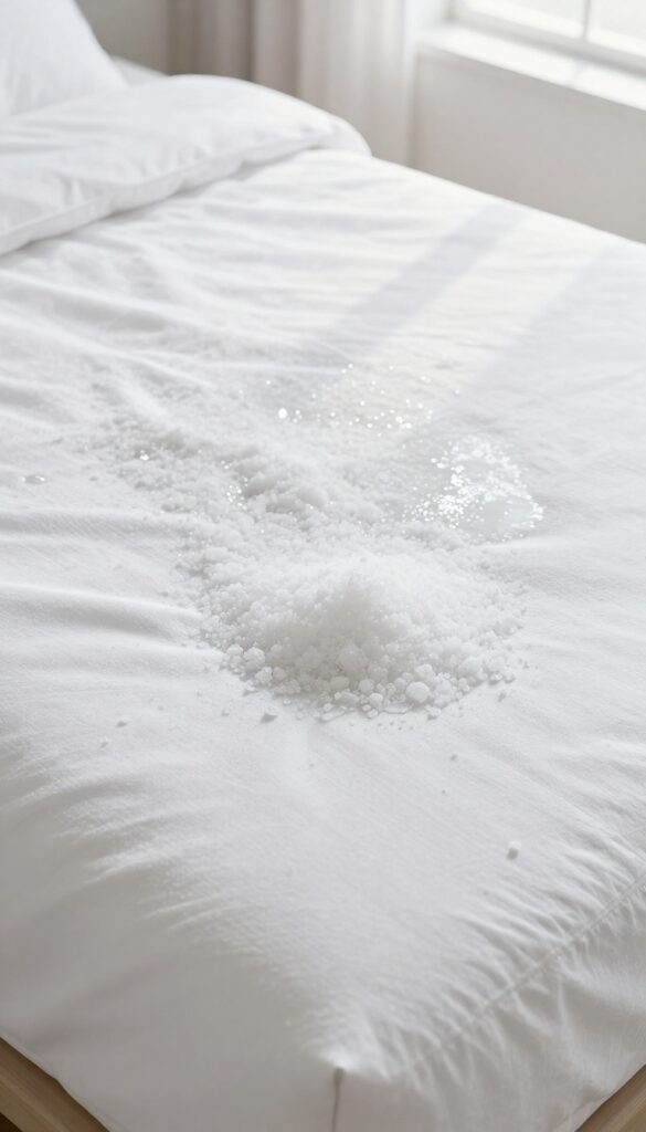 Close-up of salt spread on a mattress to draw out moisture and odor