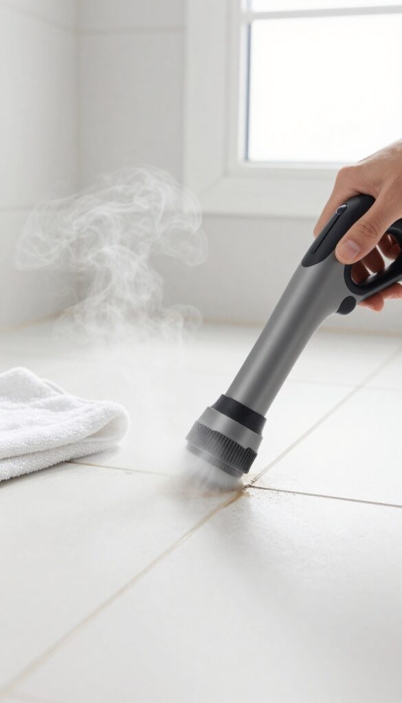 Steam cleaning bathroom grout with a handheld steamer