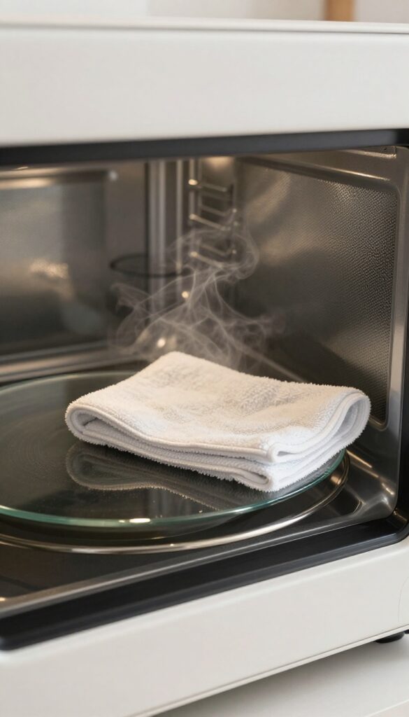 A clean microwave interior with a damp cloth on the turntable, bright natural light, steam rising from a bowl, modern kitchen setting.