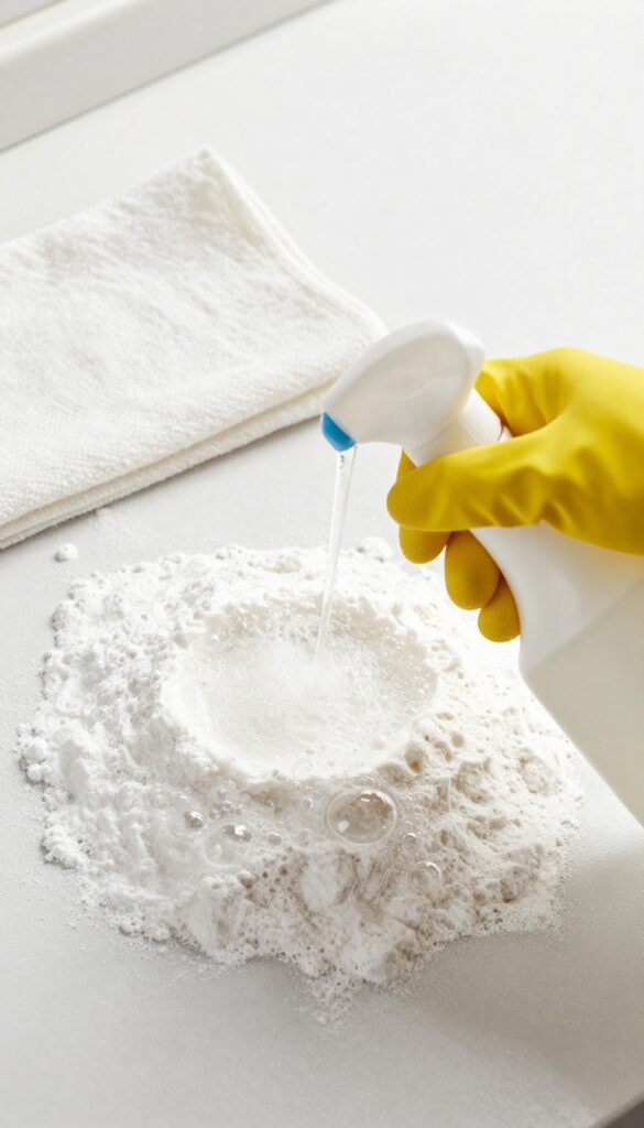 Hand spraying vinegar on baking soda paste in oven, fizzing action