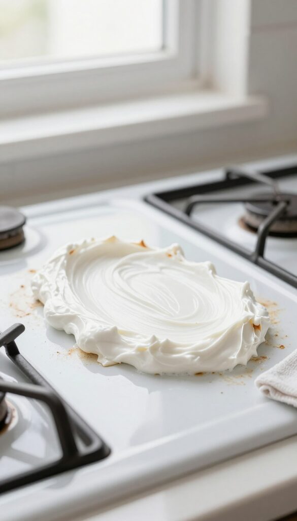 Cream of tartar paste applied to a burnt stain on a white enamel stove top
