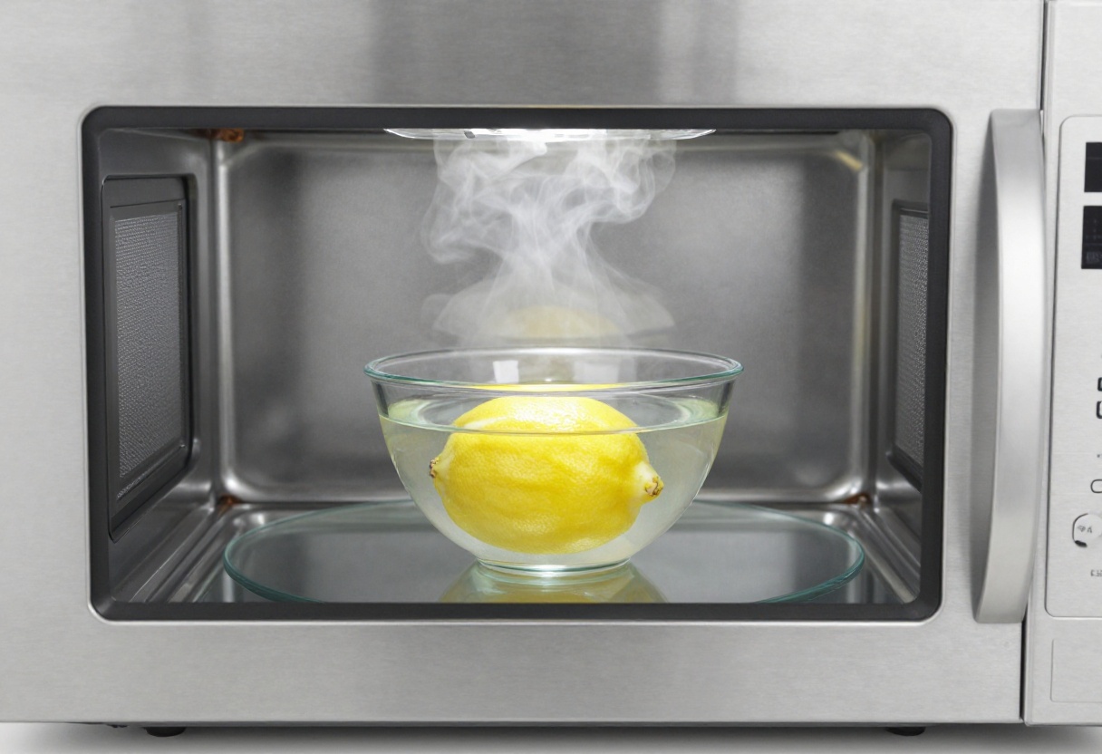 Clean microwave interior with a bowl of lemon water and steam