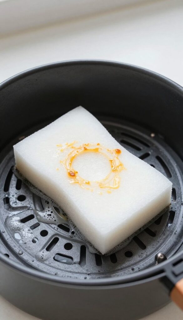Cleaning air fryer basket with a damp melamine sponge to remove baked-on cheese stain