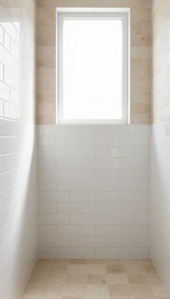 Mixed materials in a shower: glossy white ceramic subway tiles alternating with honed natural stone tiles in vertical columns, creating texture and depth.