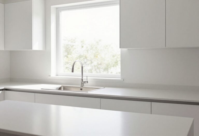 Bright and clean kitchen with organized cabinets and shiny sink