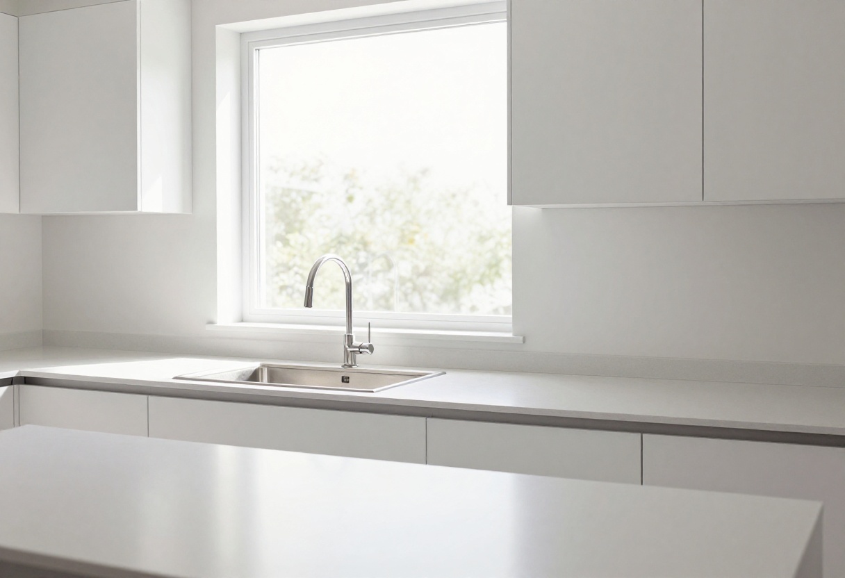 Bright and clean kitchen with organized cabinets and shiny sink