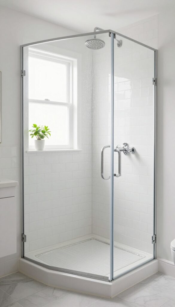 Bright bathroom shower with a built-in tiled corner bench, natural light, and a plant.