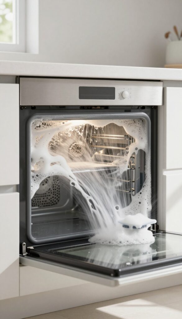 Fume-free oven cleaner applied to oven interior, breaking down grease in bright natural light