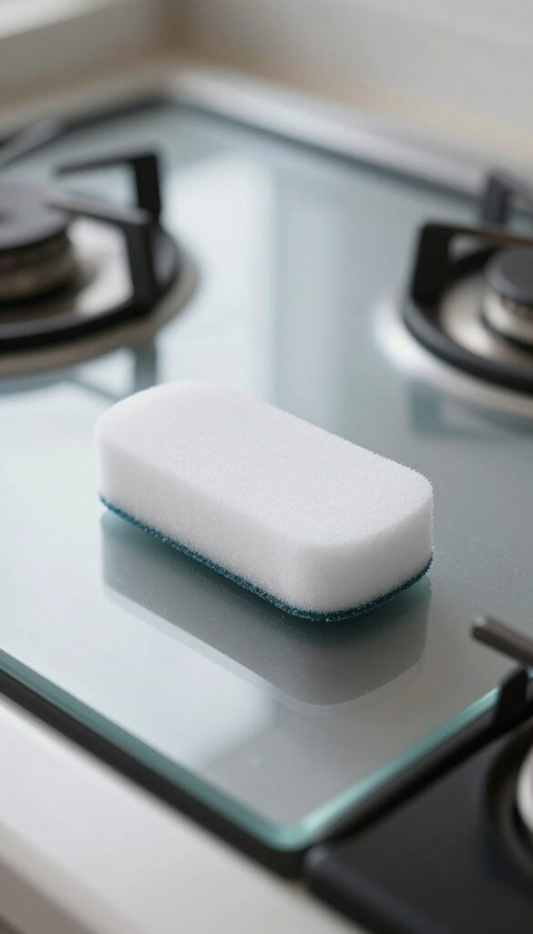 Magic eraser sponge on a clean glass cooktop