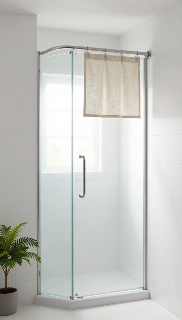 Bathroom with frosted window film on lower glass door and short decorative curtain above