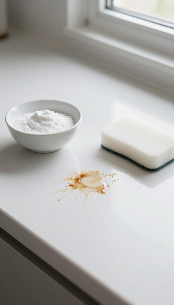 Baking soda paste on kitchen counter to remove stubborn stains