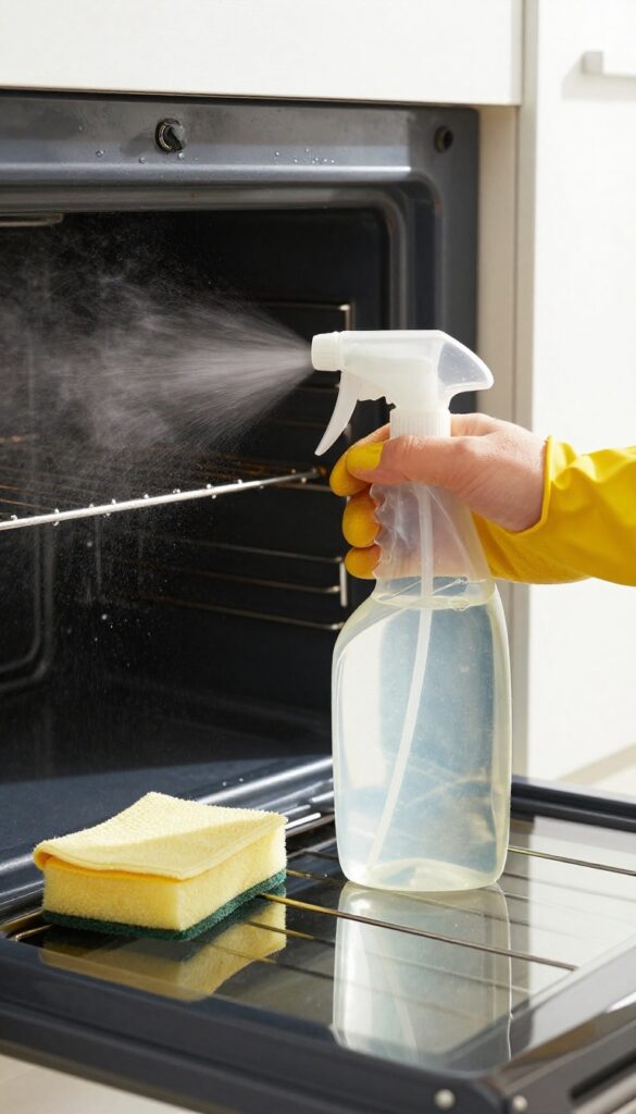 Hand in yellow glove spraying oven cleaner from a spray bottle onto vertical oven surface with baked grime
