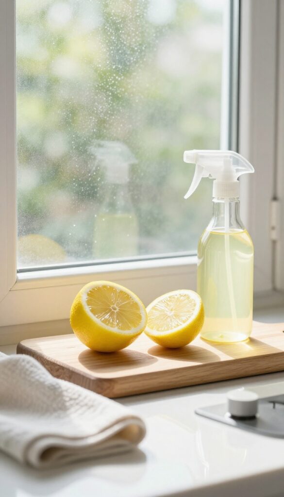 Clean oven glass window with lemon and spray bottle on wooden board