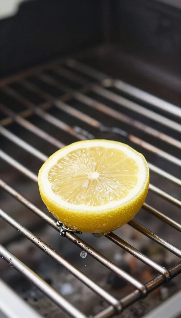 Close-up of a stainless steel grill grate being scrubbed with a lemon and salt, with sunlight highlighting the shiny metal and fresh citrus texture.