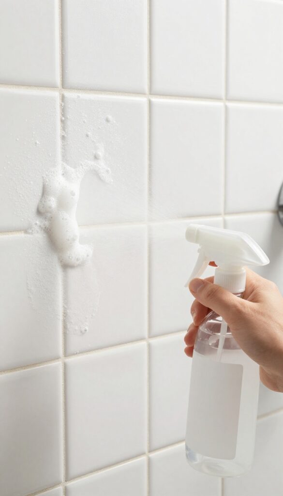 Applying a vinegar solution to soap scum on shower tile