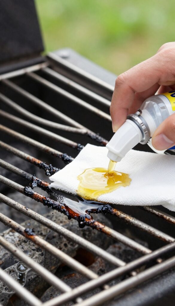 Cleaning grill grate with WD-40 spray to remove stubborn grease spots