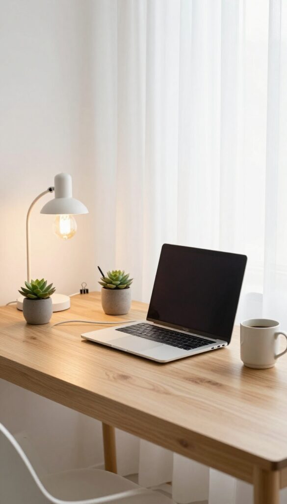 Clean and organized desk with laptop, plant, and minimal accessories in natural light