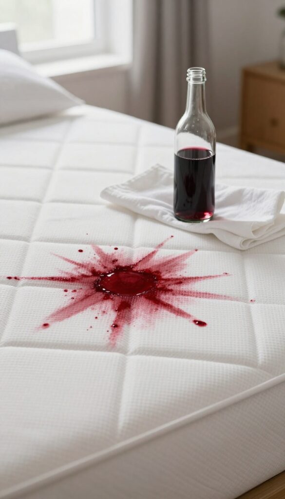 Club soda being used to clean a red wine stain on a mattress