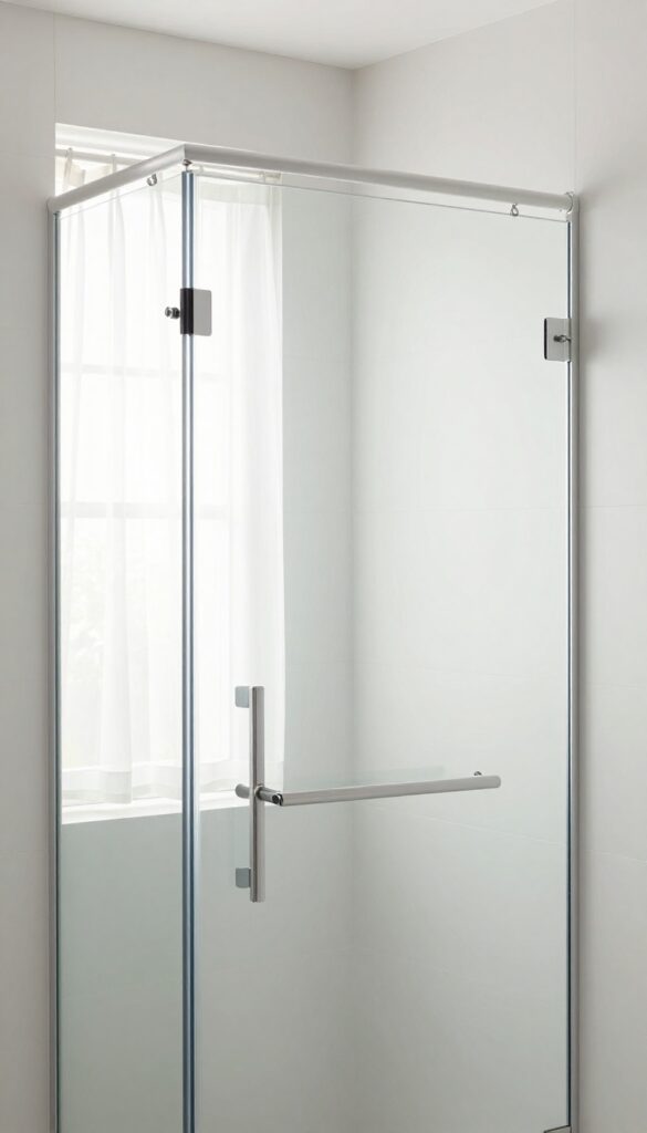 Tension rod inside shower with curtain tucked behind glass door for privacy