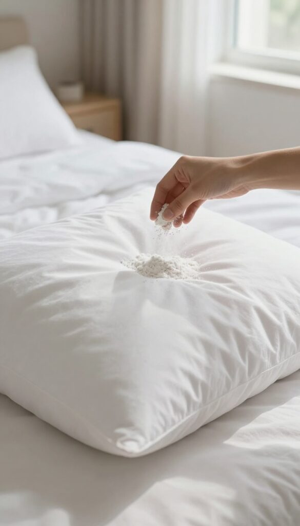 Person sprinkling baking soda on a white pillow on a bed in a bright, airy bedroom