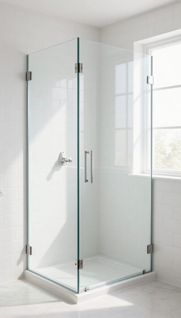 Frameless glass shower door in a bright modern bathroom