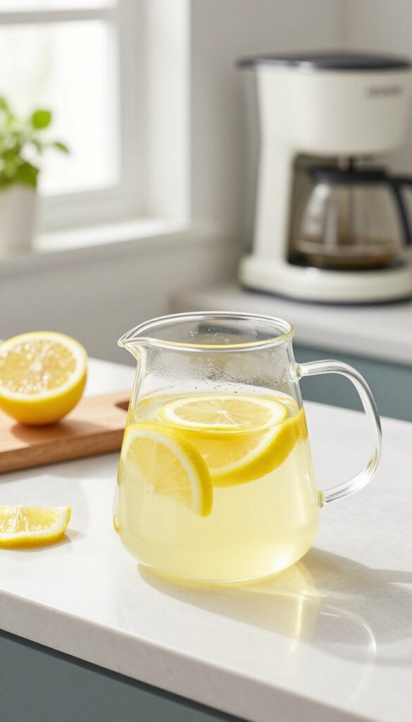 Glass coffee carafe with lemon juice water solution and lemon slices on a bright kitchen counter
