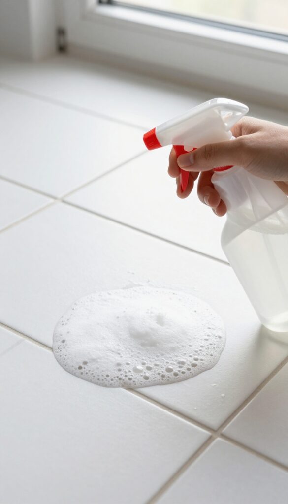 Close-up of damp grout lines with baking soda and vinegar foam, spray bottle nearby, bright natural light