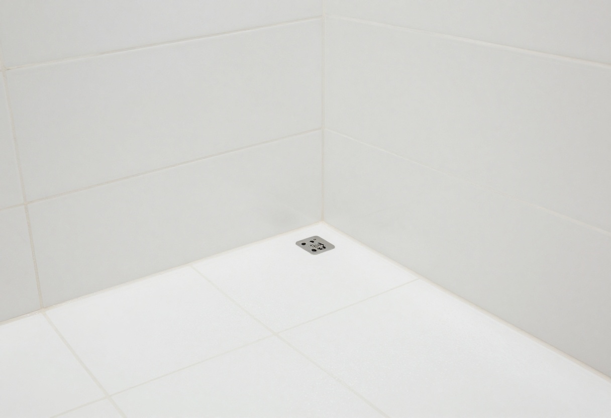 A clean, sparkling shower floor with white tiles and light grout.