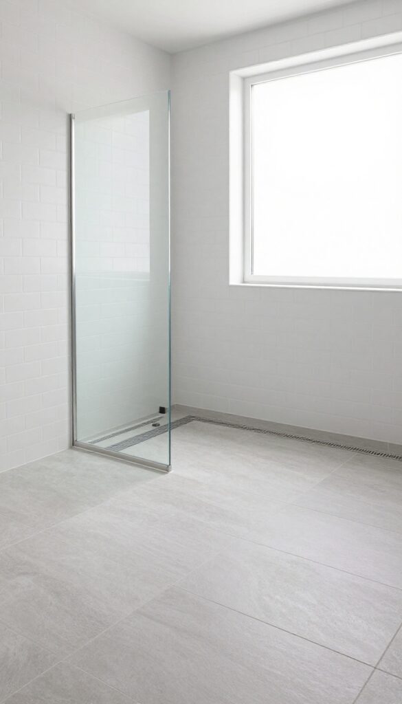 Curbless shower with linear drain and seamless tile floor in a modern bathroom