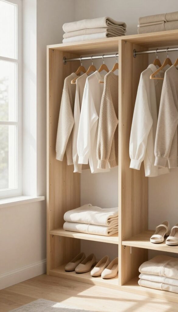 Organized closet with neatly hung clothes, folded sweaters, and shoes on a rack in a bright bedroom