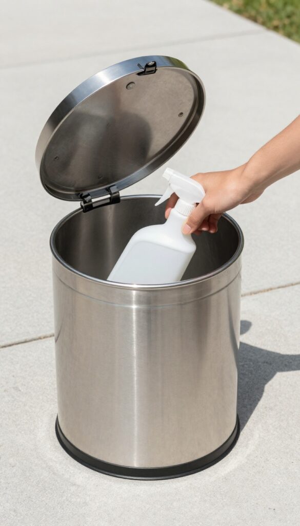 Person spraying disinfectant inside a stainless steel trash can outdoors