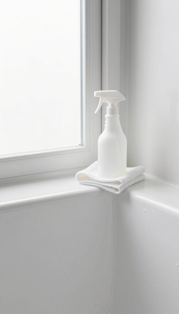Close-up of a clean fiberglass shower stall with a spray bottle and microfiber cloth, bright natural light, photorealistic.