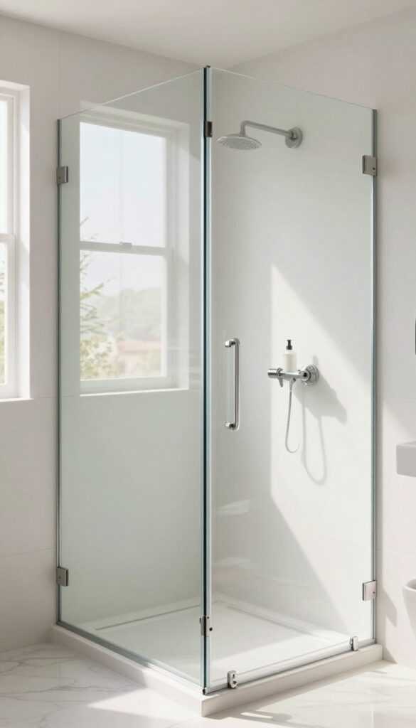 Frameless clear glass shower with minimal hardware in a bright bathroom