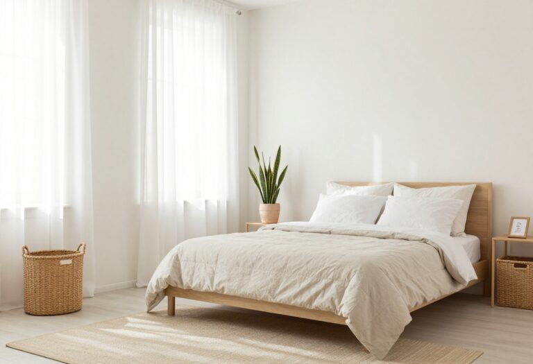 A clean and stylish bedroom with neutral decor, plants, and organized storage baskets.