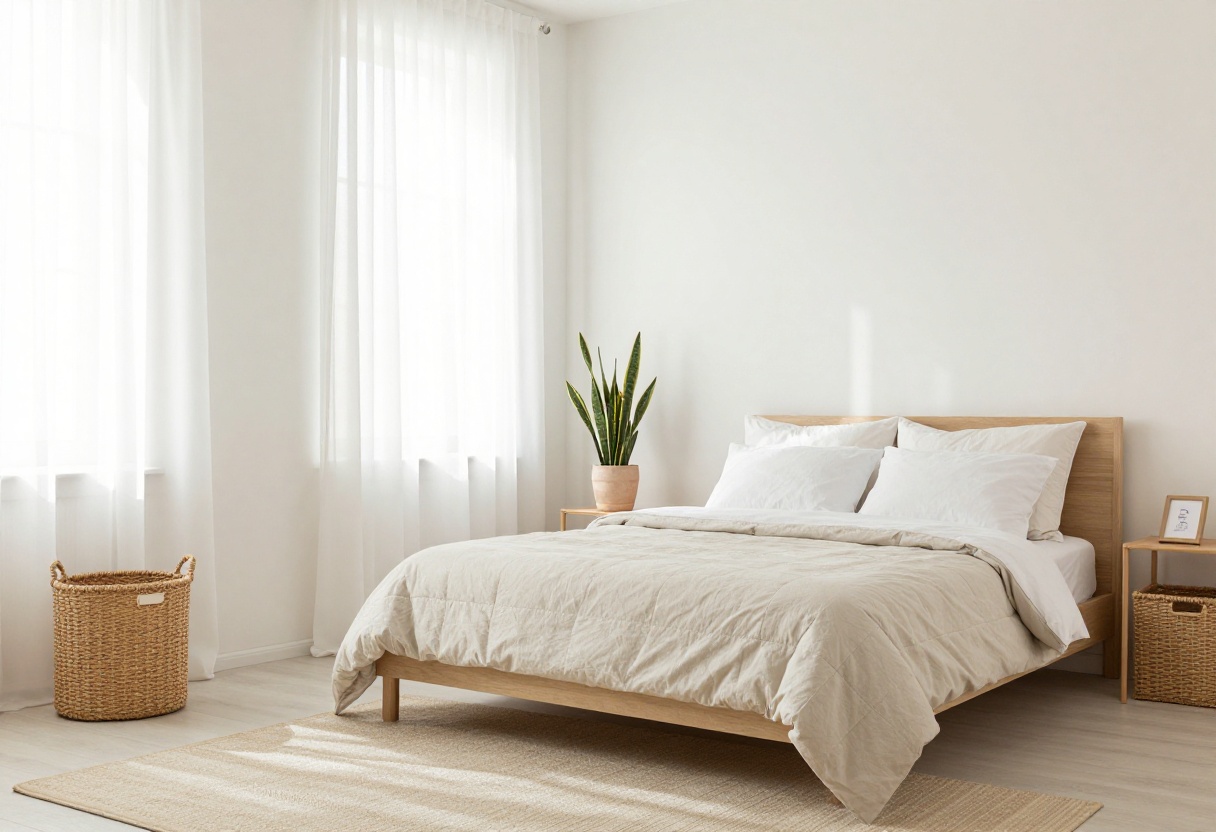 A clean and stylish bedroom with neutral decor, plants, and organized storage baskets.