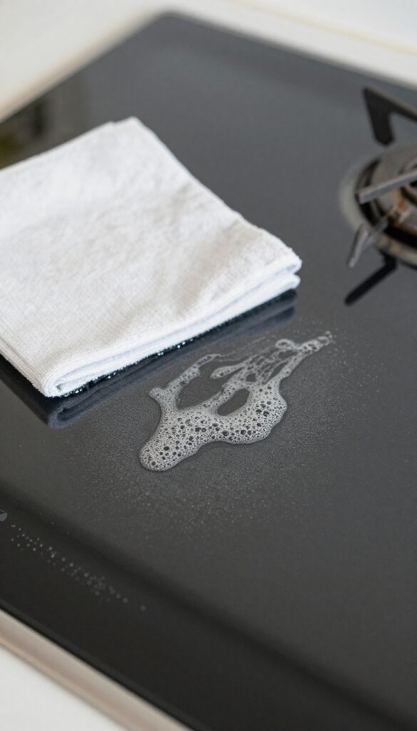 Club soda fizzing on a greasy glass stovetop with a soft cloth nearby, clean and bright.