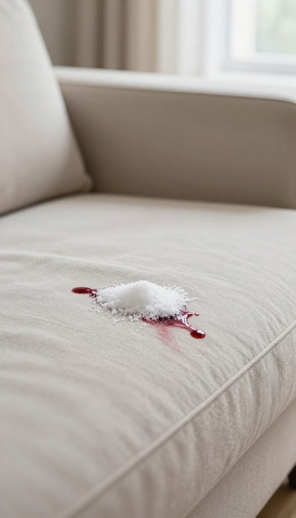 Salt being poured over a red wine stain on a light-colored couch to absorb the liquid.