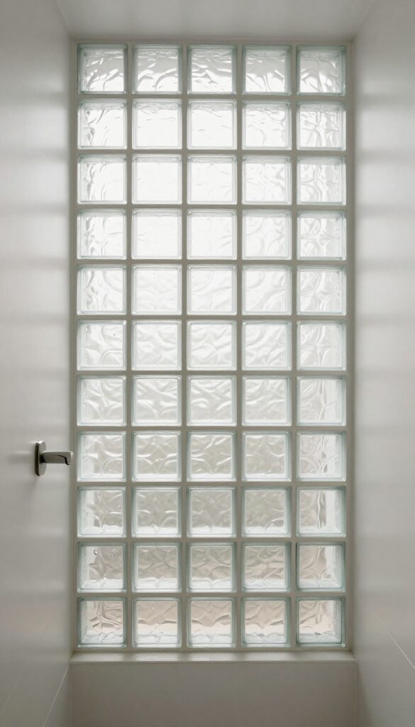 Small bathroom with glass block shower wall letting in natural light