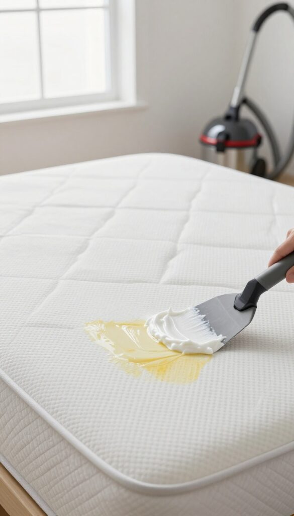 Applying baking soda and hydrogen peroxide paste to a mattress stain