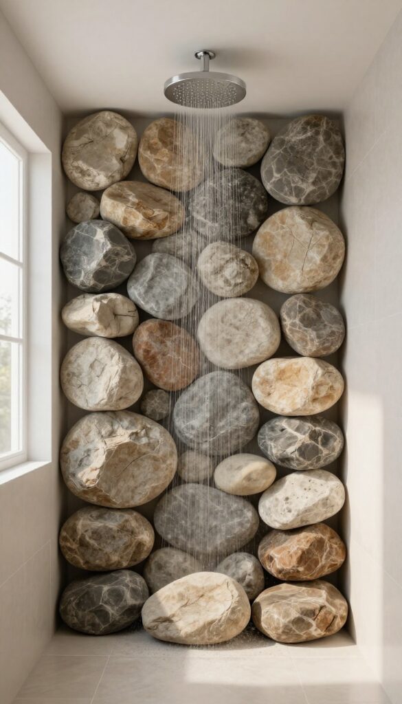 River rock shower ceiling accent with rainfall showerhead in natural light