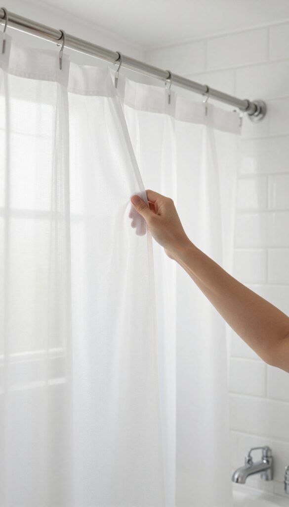 Hand smoothing a damp shower curtain liner on a rod to prevent wrinkles