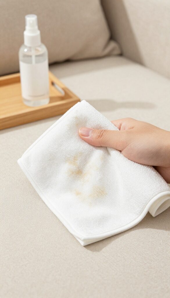Hand blotting stain on linen sofa with microfiber cloth and spray bottle
