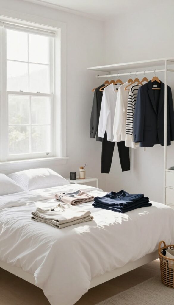 Clothing sorted into categories on a bed, including casual tops, workout gear, blazers, and accessories, in a bright, organized bedroom.