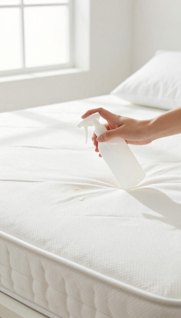 Applying enzyme cleaner to a mattress stain in a bright, clean bedroom