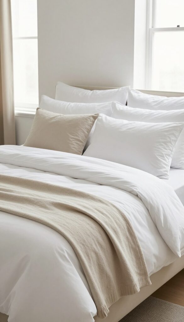 A neatly made hotel-style bed with layered white linens and decorative pillows in a bright bedroom.